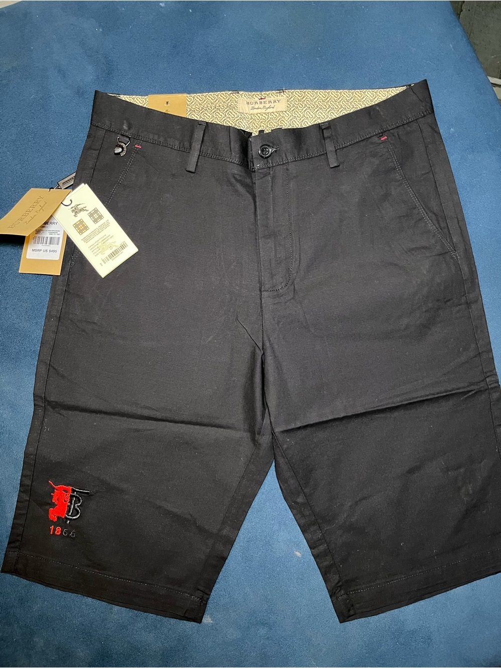 Burberry Black Flat-Front Men's Shorts with Red Embroidered Detail